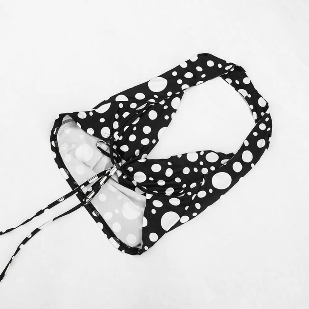 FLARORA Sexy Polka Dot Print 2 Piece Sets Woman Trend Halter V Neck Backless Ruched Tops And Ribbon Shorts Hottie Street Suits