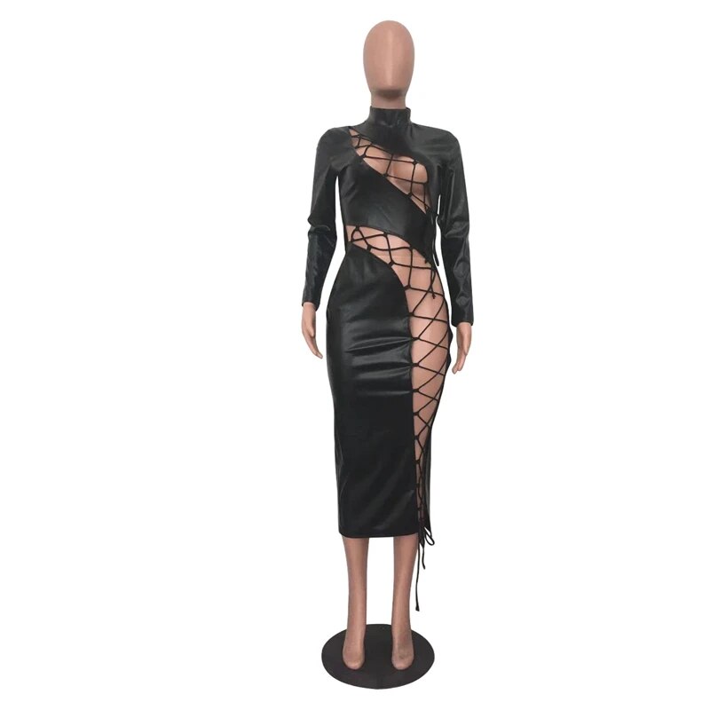 Lace Up Bandage PU Leather Hollow Out Turtleneck Long Sleeve Bodycon Dress