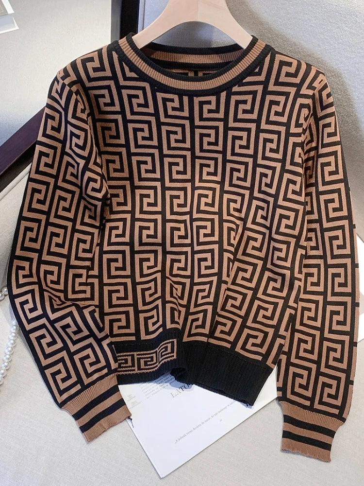 Geometric Jacquard Long Sleeve O-Neck Knitted Ladies Sweater