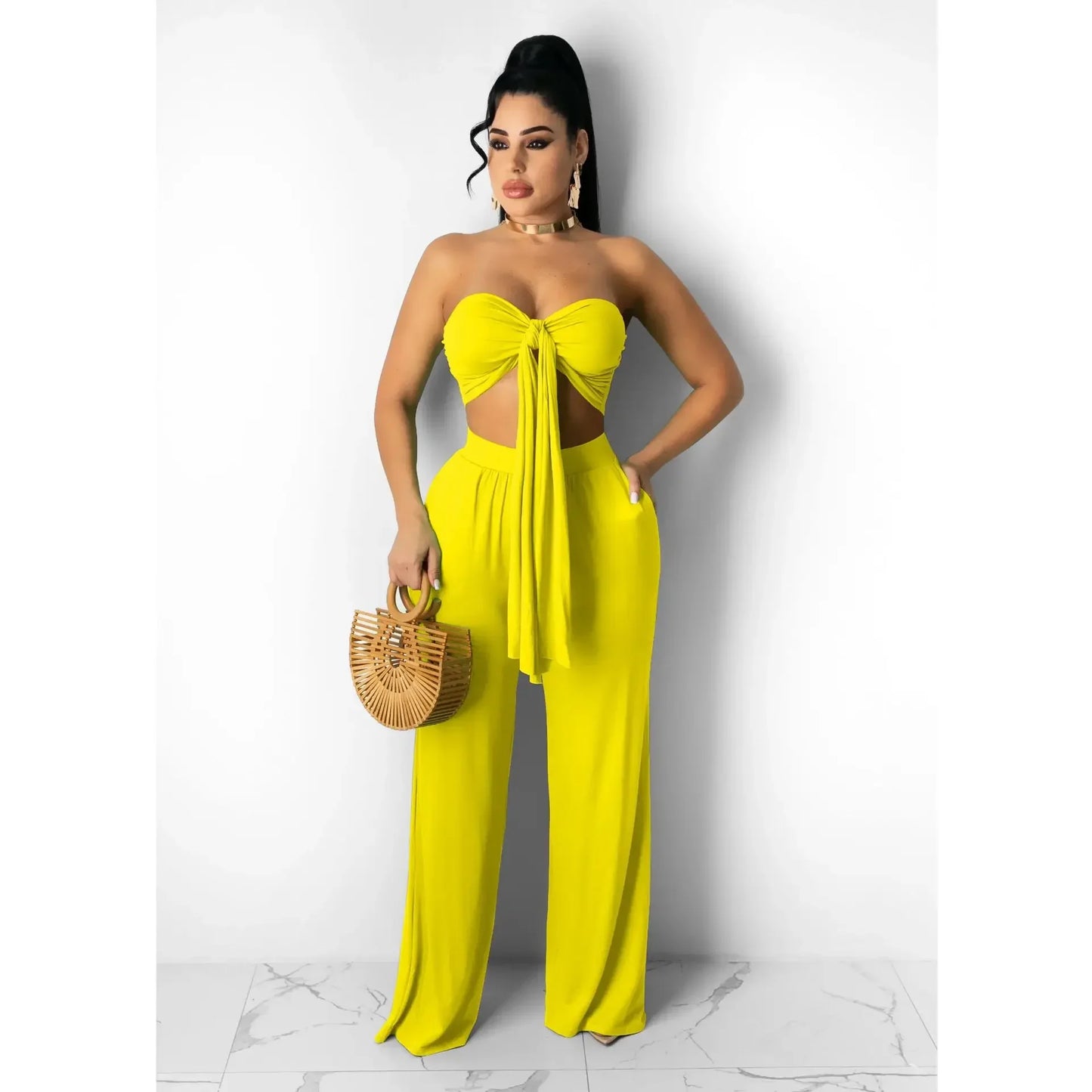 Strapless Hollow-Out  Hatler Neck Crop Top + Leggings Bodycon Solid Color Women's 2-Piece Set