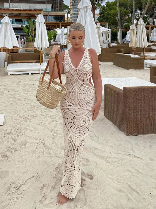 White Knitted Crochet Hollow-Out Sleeveless Backless Beachwear Maxi Dress