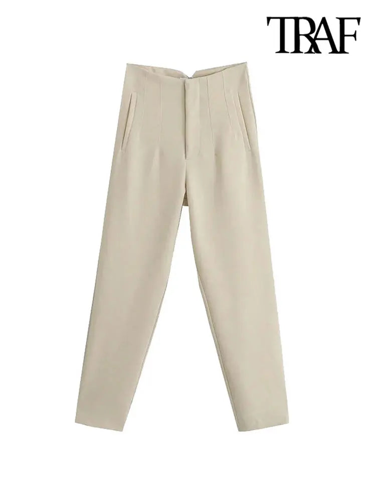 Vintage High Waist Zipper Fly Women's Ankle Trouser Office Pants