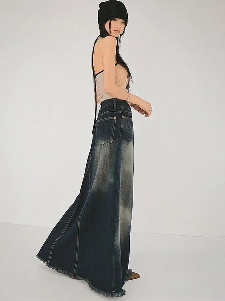 Denim Faded Colorblock Oversized Washed Blue A-Line Vintage Aesthetic Cowgirl Maxi Overlay Jean Skirt