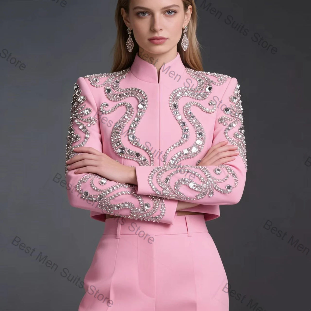Pink Women Suit Set 2 Pcs Blazer Pants Trousers Crystals Stand Collar Formal Office Jacket Customized Wedding Tuxedo Guest Coat