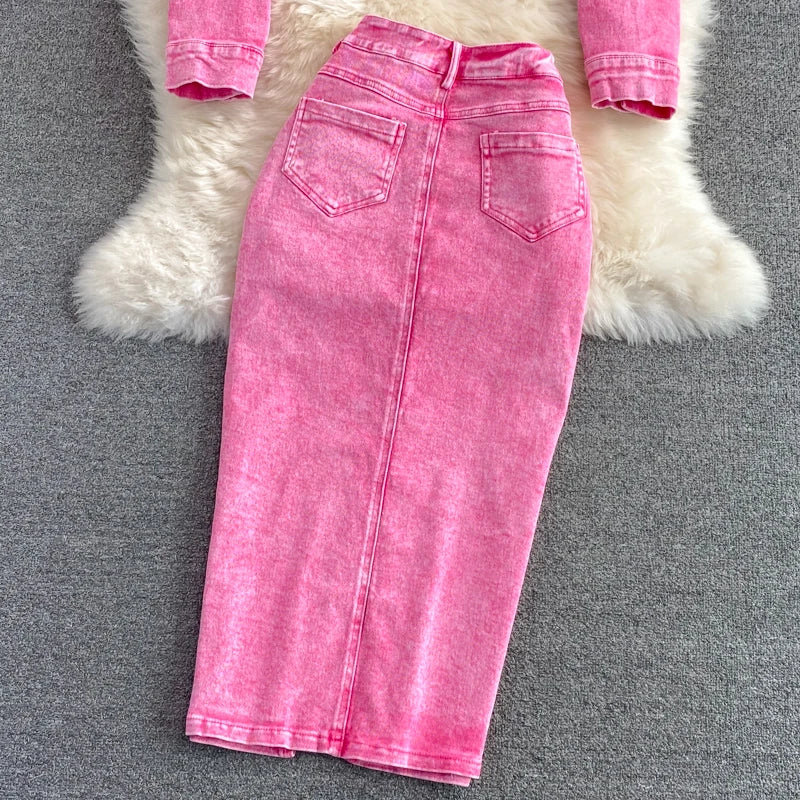 Pink Denim Single Breasted  Washed Jean Jacket + High Back.Slit Maxi Jean Skirt 2-Piece Set