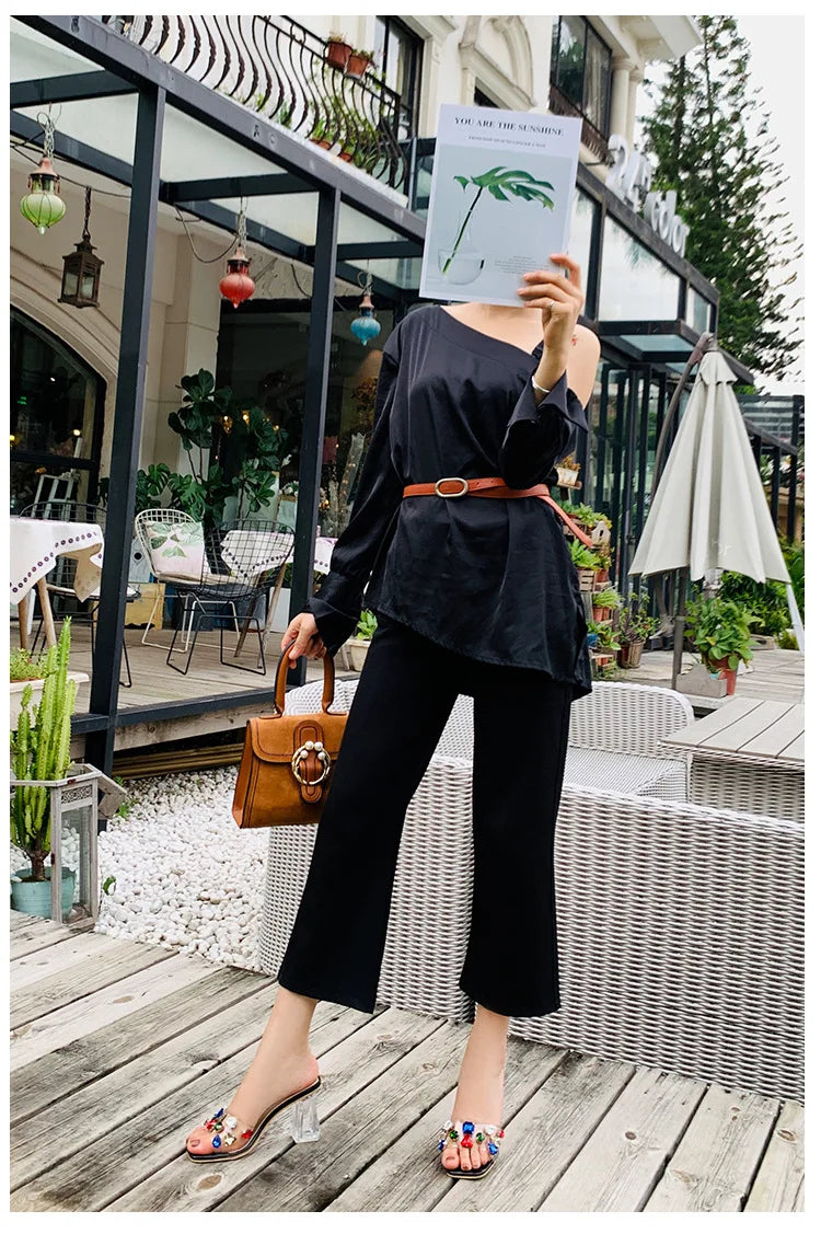 PVC Transparent Clear Crystal Rainbow Rhinestone Embellished Open Toe Low Heel Women's Sandals