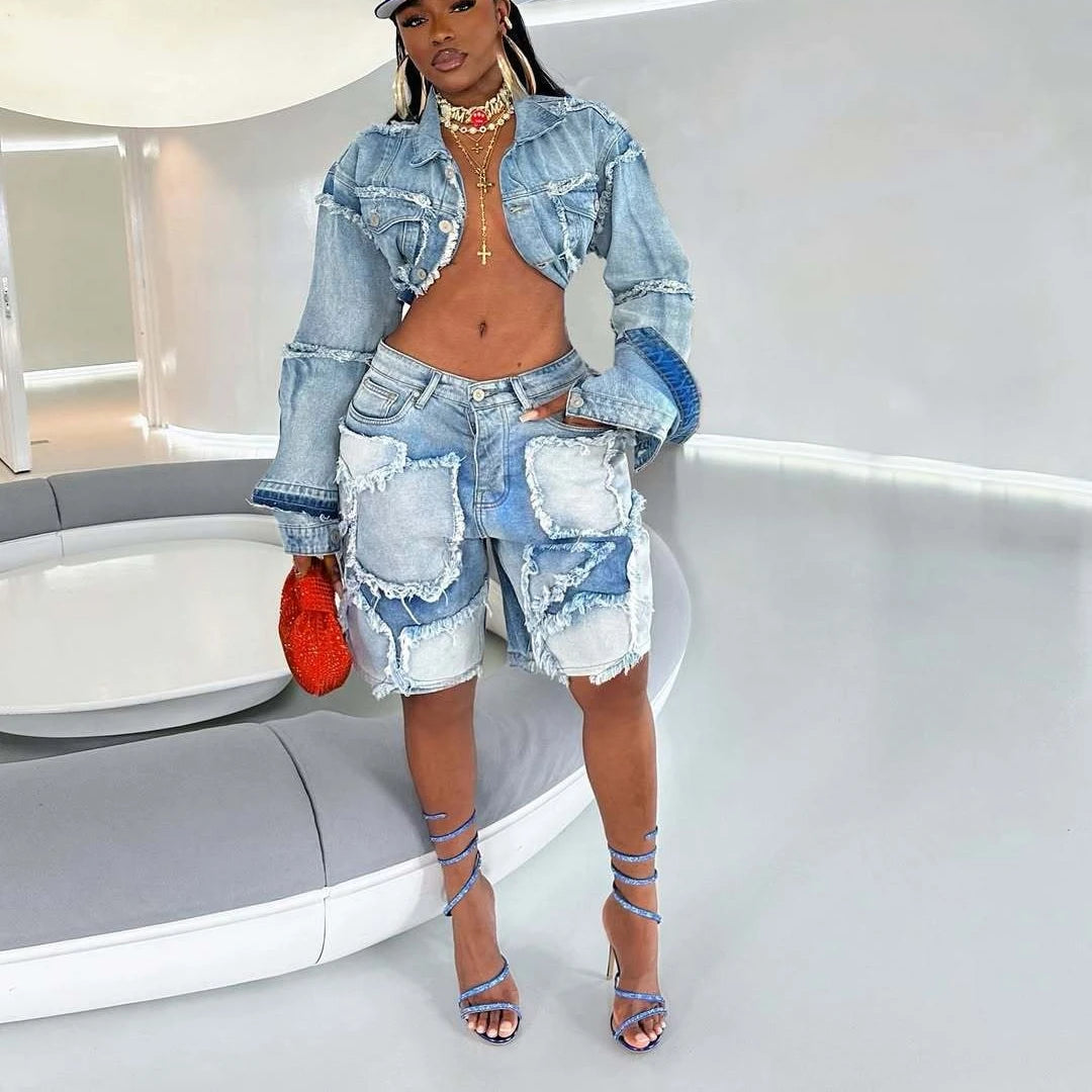 Denim Turn-Down Collar Cropped Jean Jacket + Ripped Colorblock Knee Length Shorts Women's 2-Piece Set