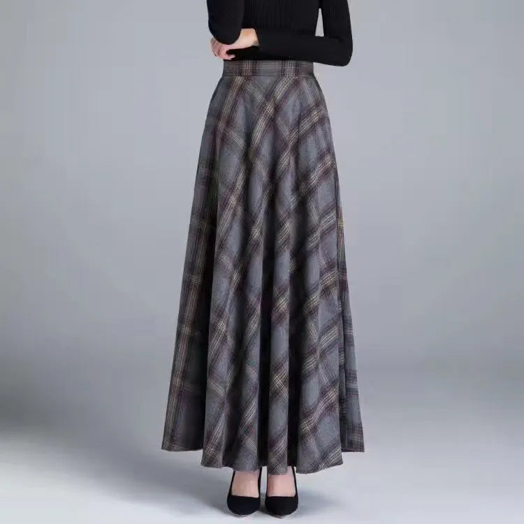 Flared High Waist Solid Wool Elastic A-Line Maxi Skirt