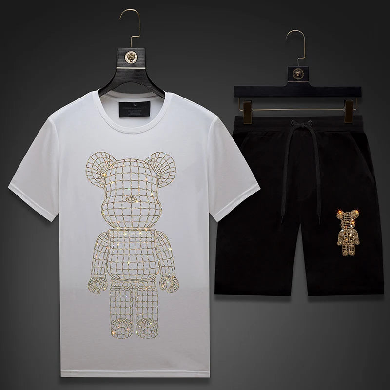 Rhinestone Men's Metallic Grid Teddy Bear 2-Piece Short Set