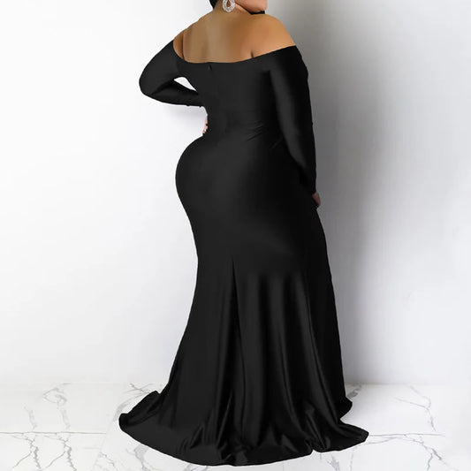 Satin Off Shoulder Solid Long Sleeve Deep V-Neck High Split Zipper Plus Size Maxi Dress to 4X