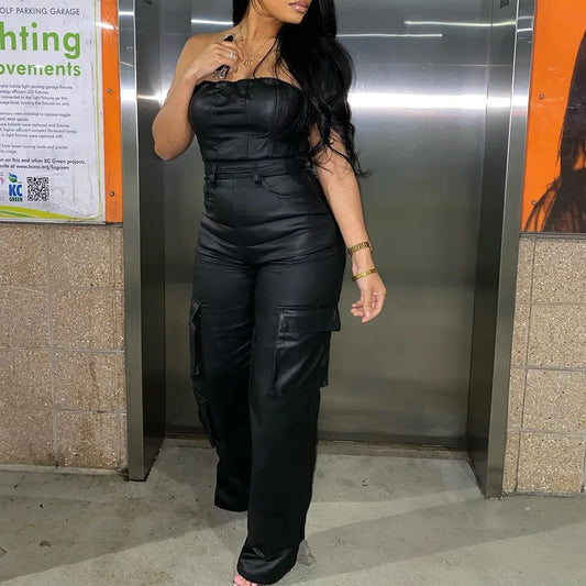 Sleeveless PU Leather Tube Top Design Solid Color Strapless Cinched Waist Streetwear Women's Cargo Multi-Pocketed Jumpsuit