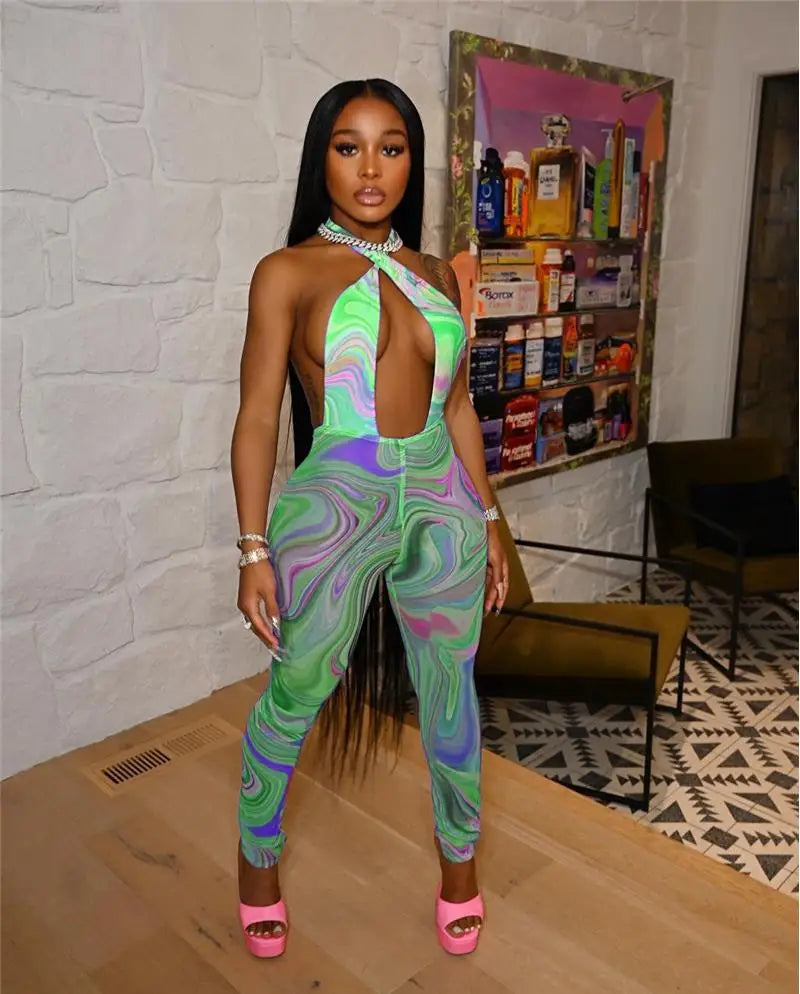 Swirl Print Mesh Sheer Transparent Sleeveless Women's Sexy Hollow-Out Backless Skin Tight Jumpsuit
