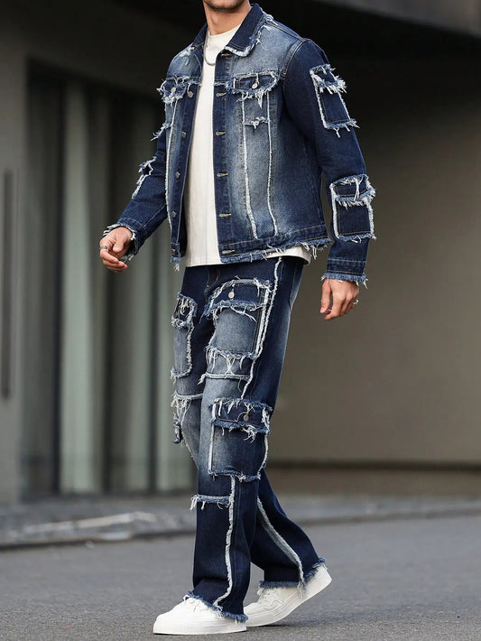 Men's Gradient Colorblock Denim Ripped Faded Dark Blue Fringe Hem Multi-Pocketed Hip-Hop Cargo Jeans 2-Piece Set (Jean Jacket + Stacked Jeans)