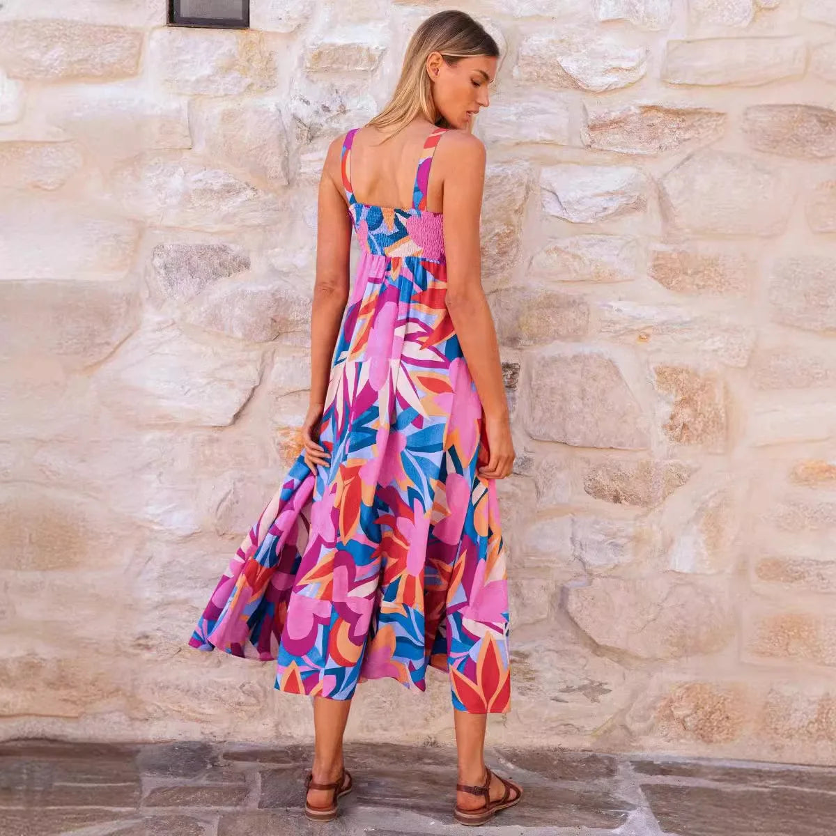 Tropical Floral Print Spaghetti Strap  Skinny Fit Sleeveless Maxi Sundress