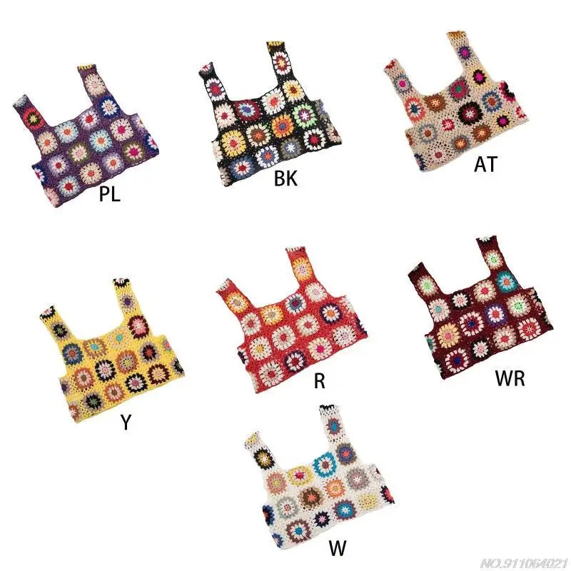 Crochet Multi-Colored Square Flower Design Knitted Square Neck Women's Sleeveless Cropped Tank Top