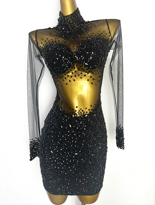 Mesh Rhinestone Bustier Transparent Long Sleeve Mini Dress