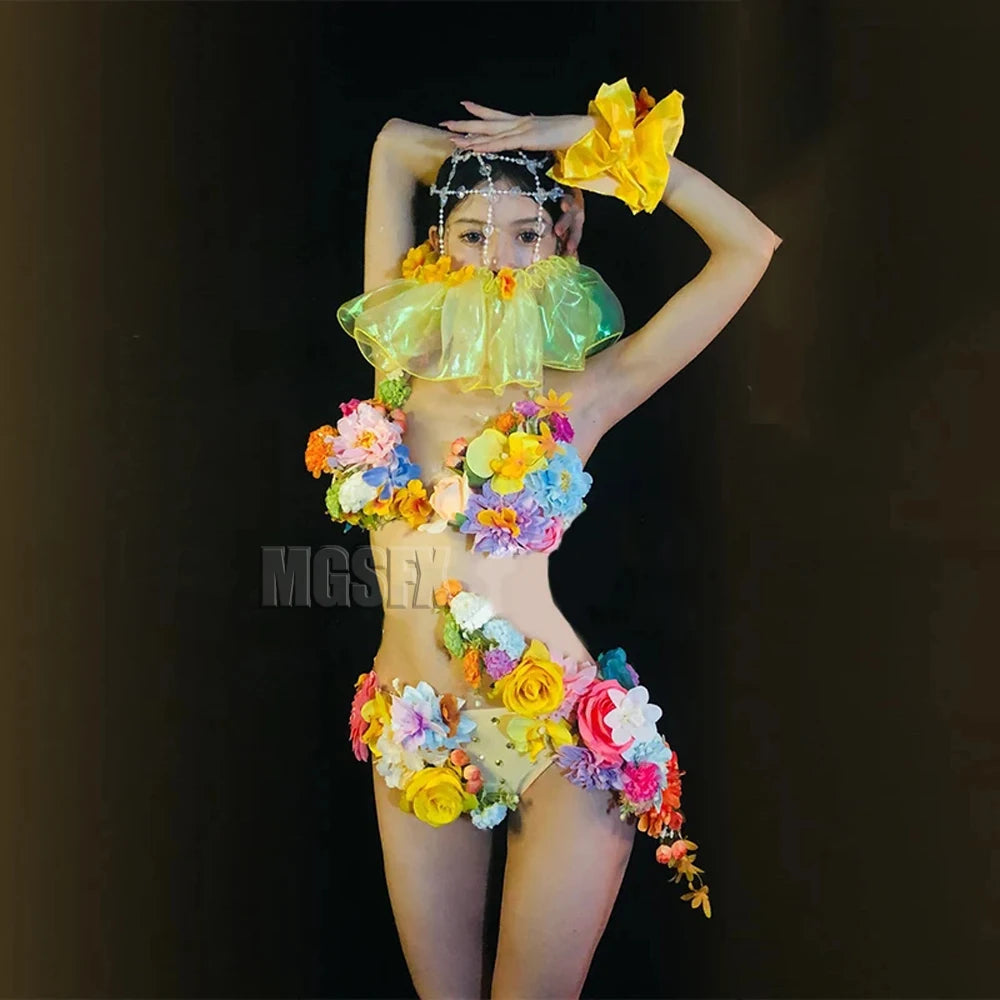 Rhinestone Bright Rainbow Embroidered Flower Bikini Costume