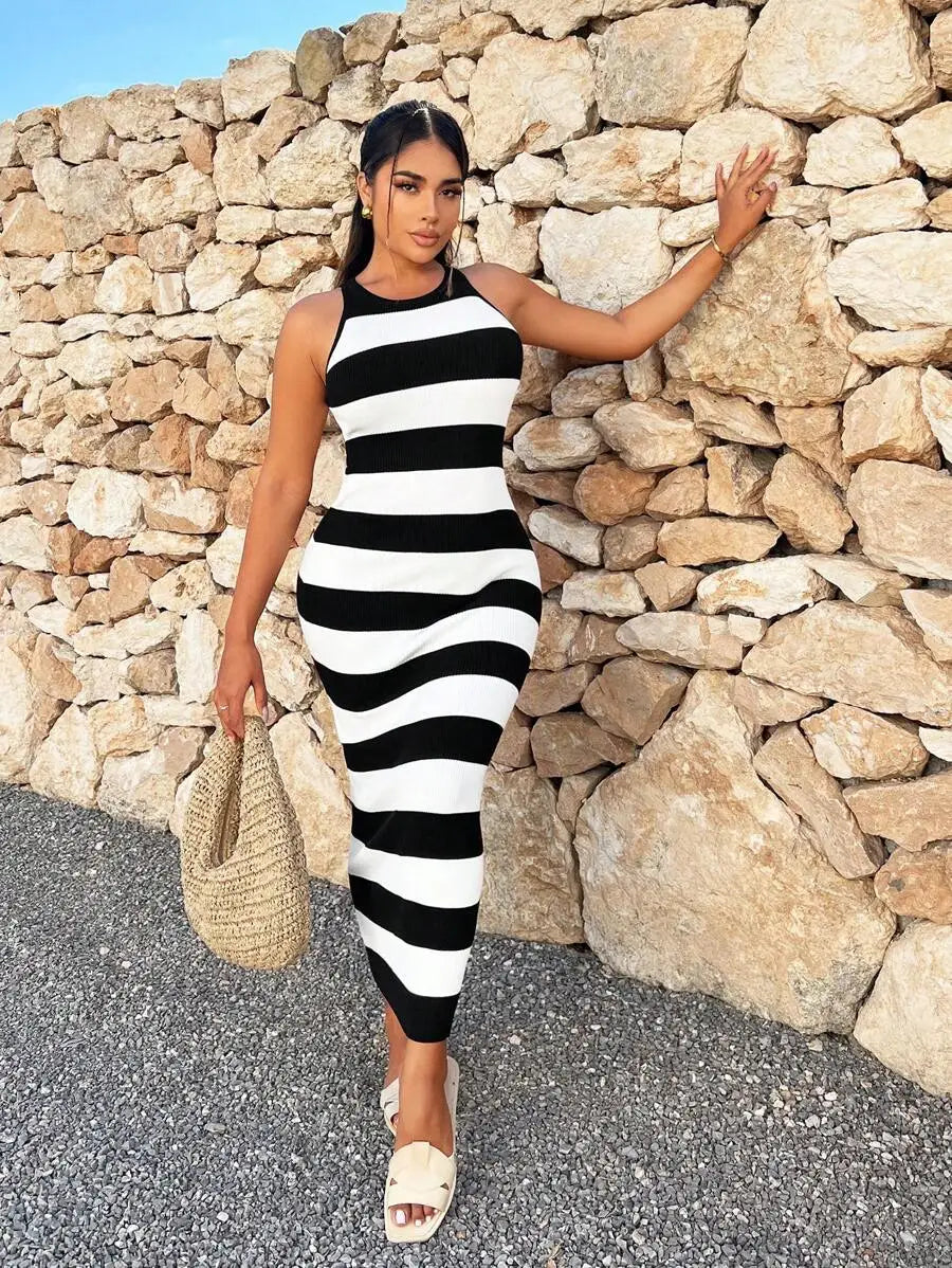 Sleeveless Black/White Horizontal Striped Ribbed Bodycon Skinny Maxi Dress