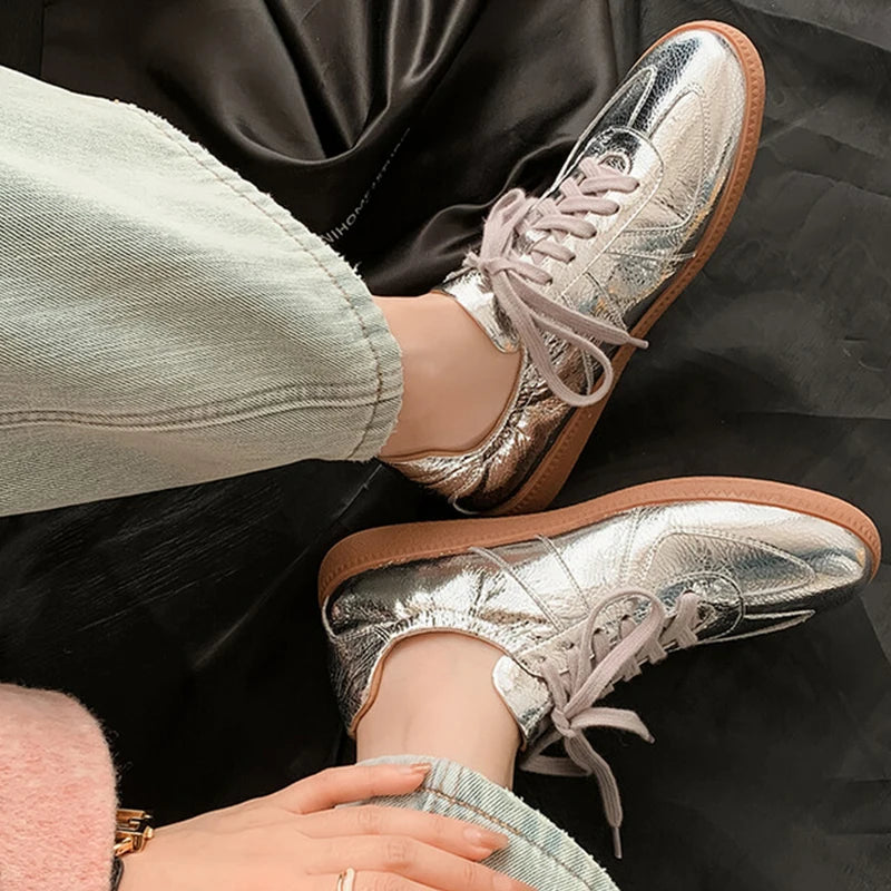 Metallic Silver/Gold Women's Oxford Style Lace-Up Elastic Athletic Tennis Shoes Sneakers