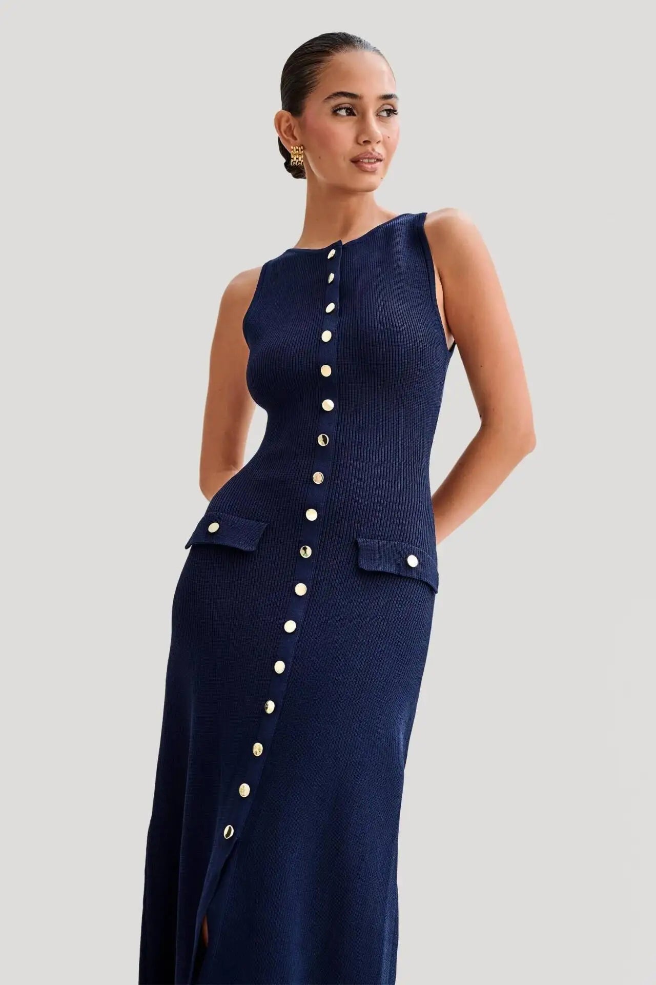 Ribbed Sleeveless Knitted O-Neck Button-Up Sleeveless Single Breasted Double Pocket Design Bodycon Sweater Dress