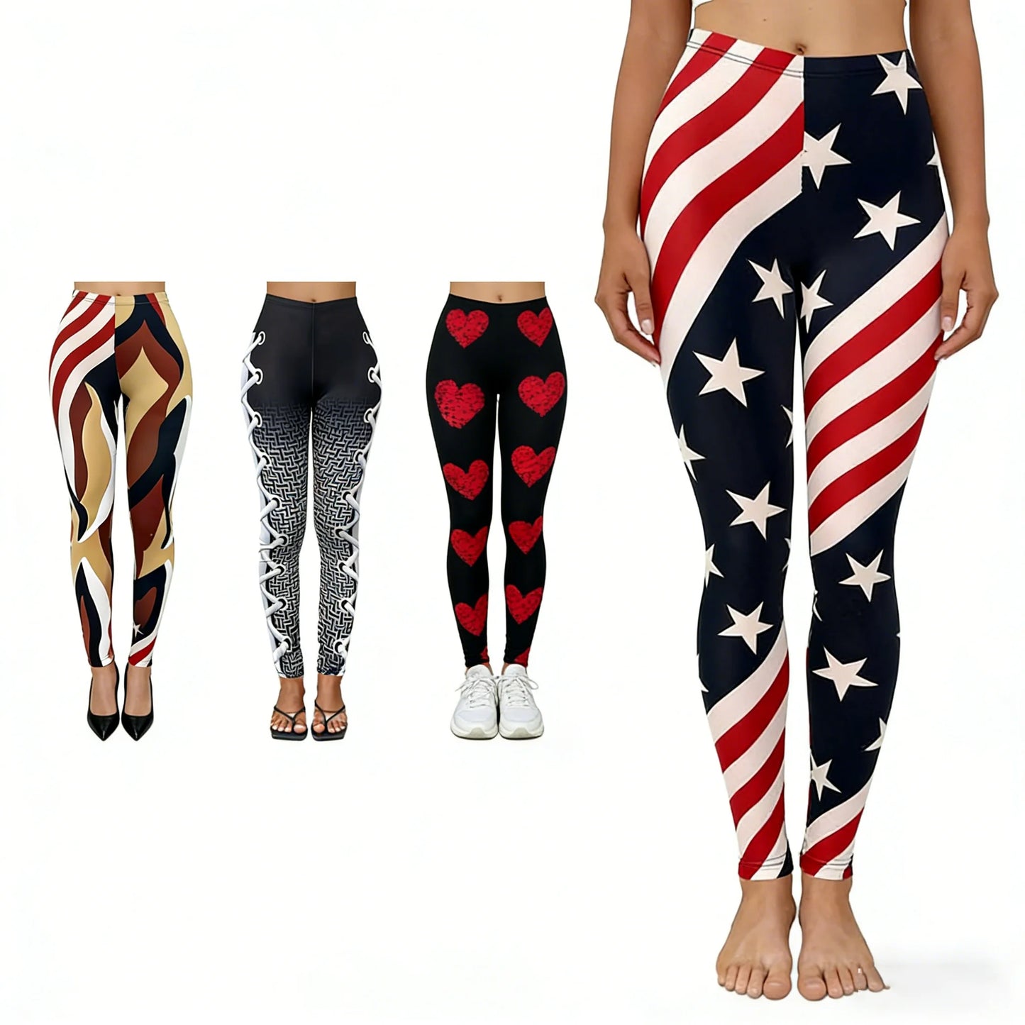 American Flag Striped/Geometric/Heart Print Women's High Waisted Yoga Leggings