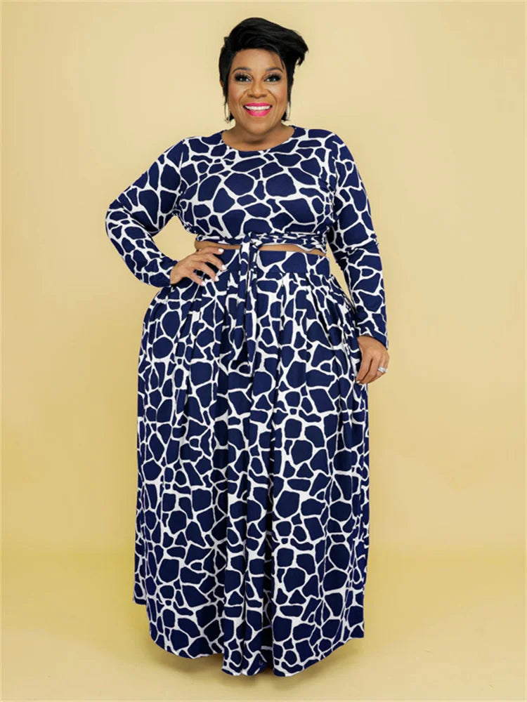 Geometric Print Women's Top Long Sleeve + Big Swing Maxi Skirt 2-Piece Set to 5X Plus Size