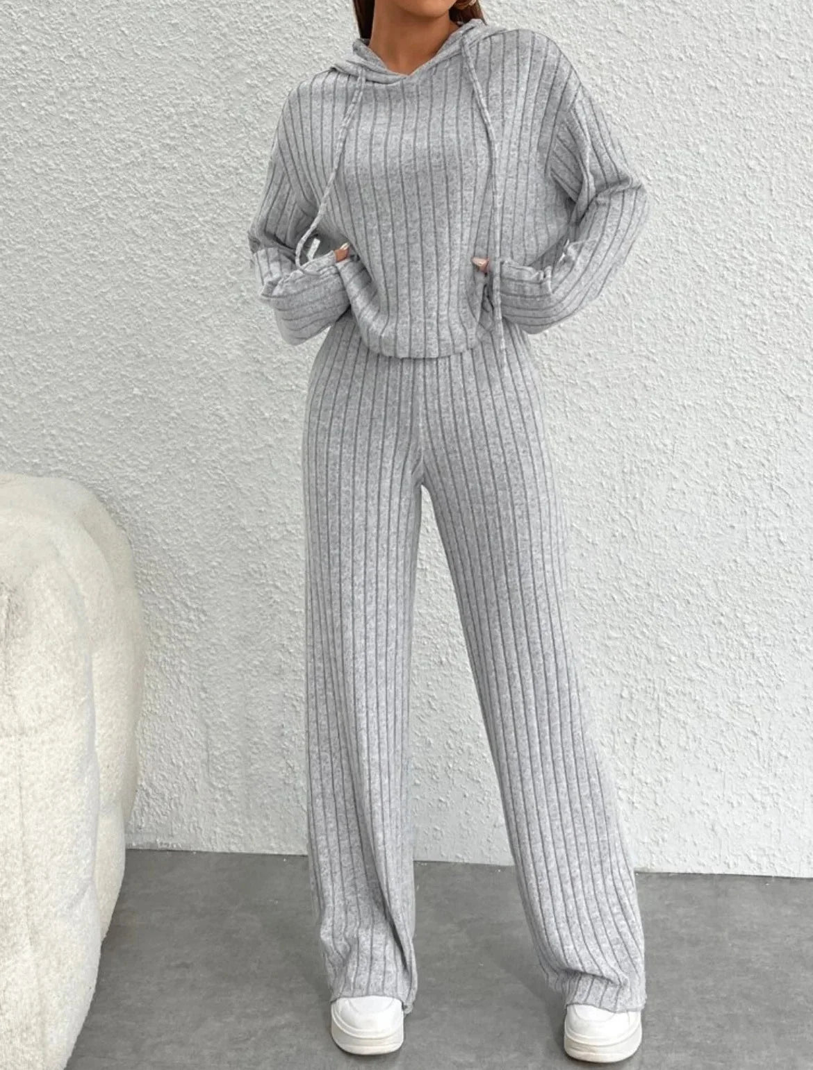 Ribbed Women's Long Sleeve Hoodie + Long Pants 2-Piece Set