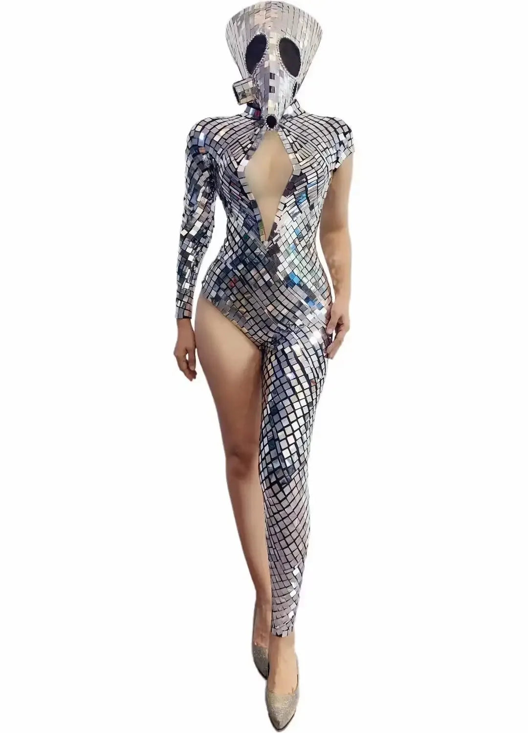 Mirror Metallic Hollow-Out One Leg Design Performance Costume Jumpsuits