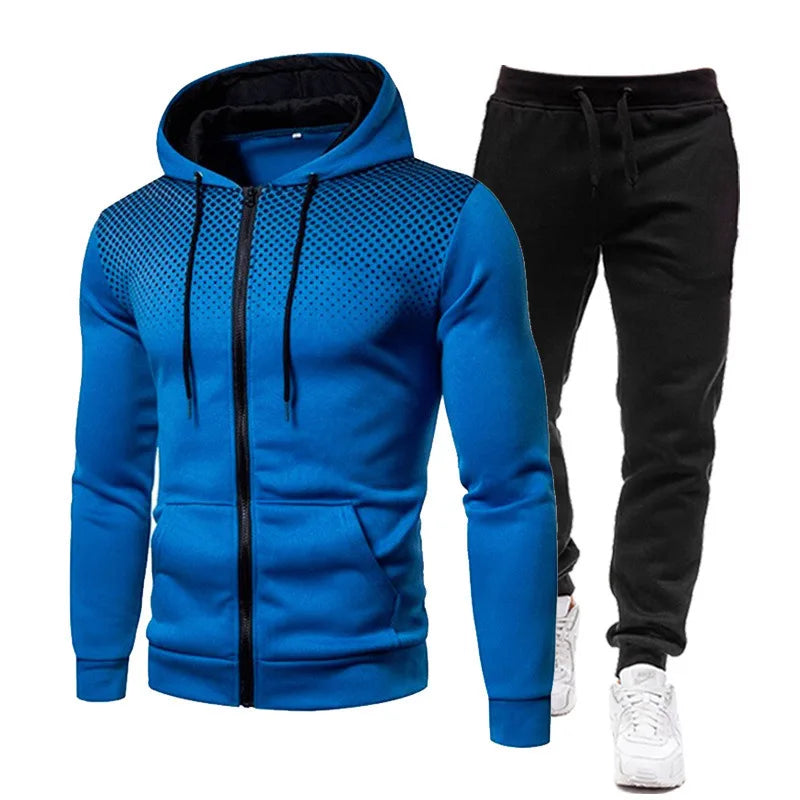 Men's Polka Dot Print Fleece Zipper Hoodie Sweatshirt + Solid Color Jogger Sweatpants Tracksuit
