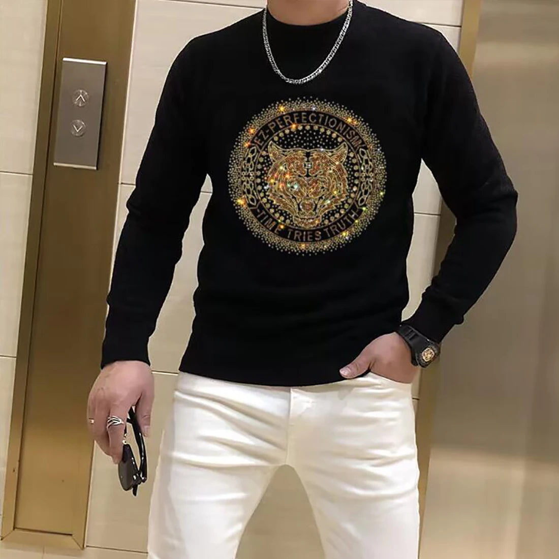 Men's Black Hip-Hop Rhinestone Gold Leopard/Tiger/Tarantula Rhinestone NY Symbol Printed Long Sleeve Sweater