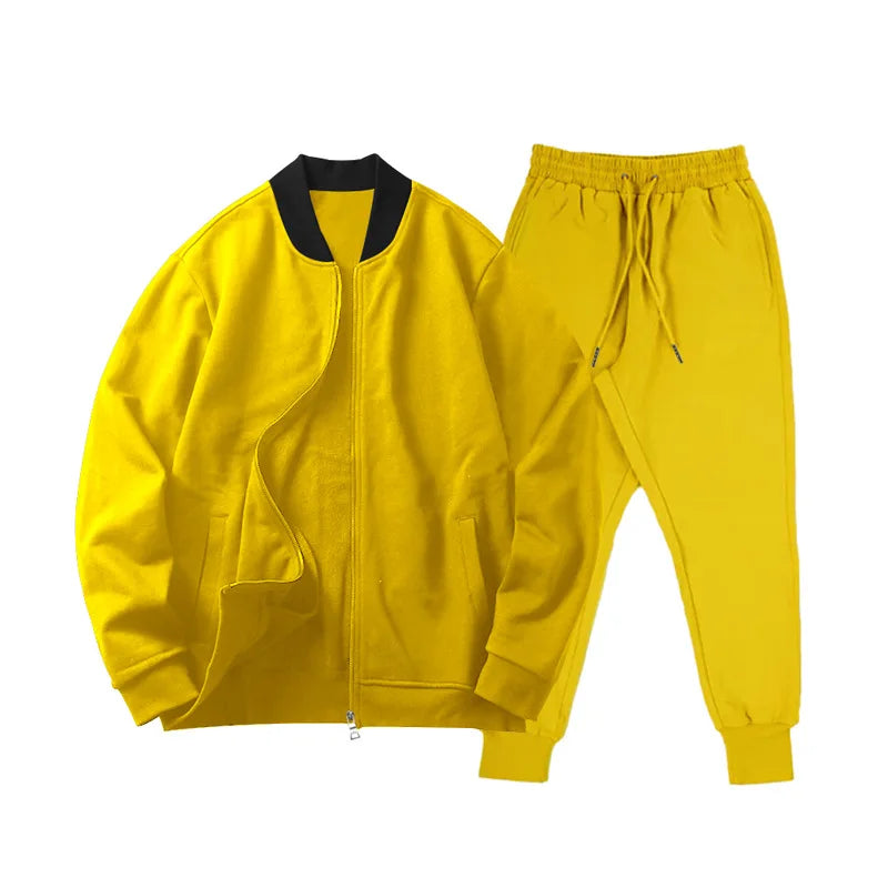 Men's O-Neck Colorblock Bomber Sweat Jacket + Drawstring Jogger Sweatpants Tracksuit
