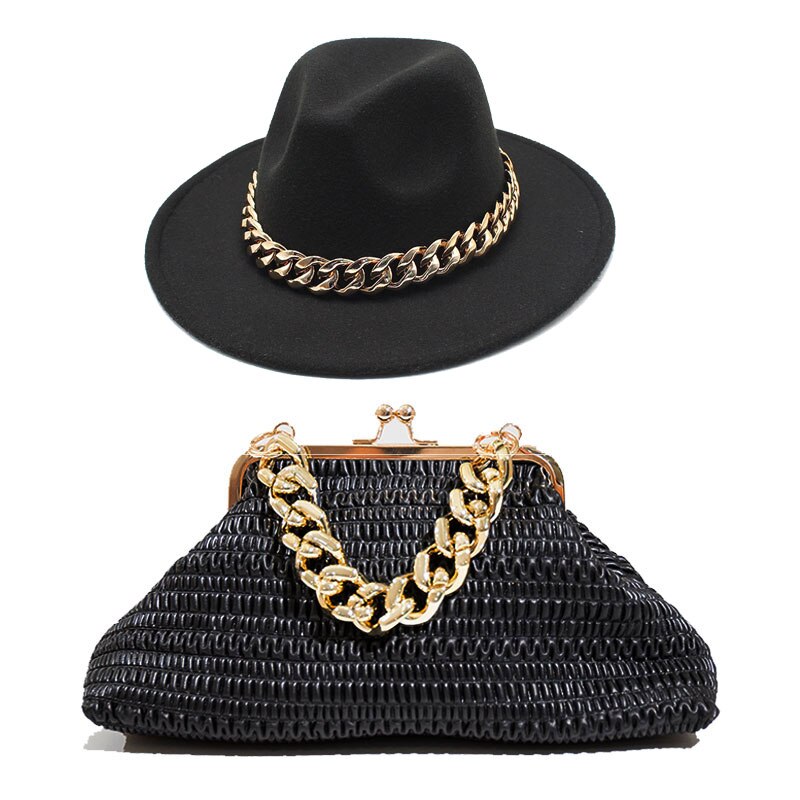 Fedora Chain Link Straw Hat + Chain Link Purse Set