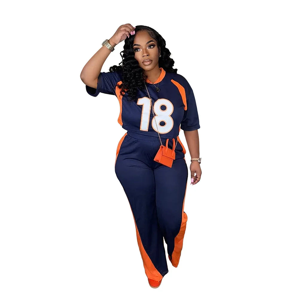 Blue/Orange Women's Number Print Short Sleeve O-Neck Jersey Top + Colorblock Wide Leg Pants 2-Piece Sets