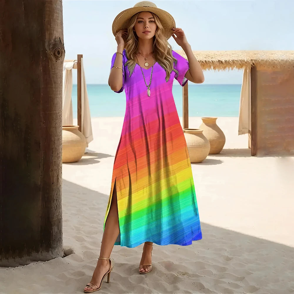 Striped Colorblock Rainbow Print V-Neck Short Sleeve High Slit Midi Sundress to 3X Plus Size