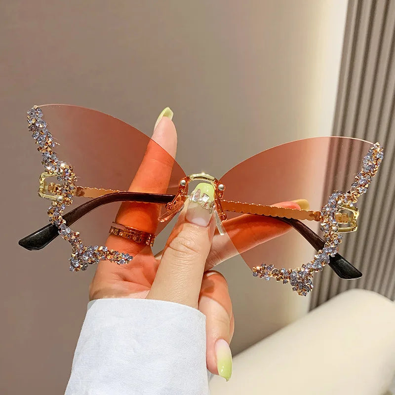 Glitter Rhinestone Butterfly Shaped UV400 Protection Large Rimless Women's Sunglasses