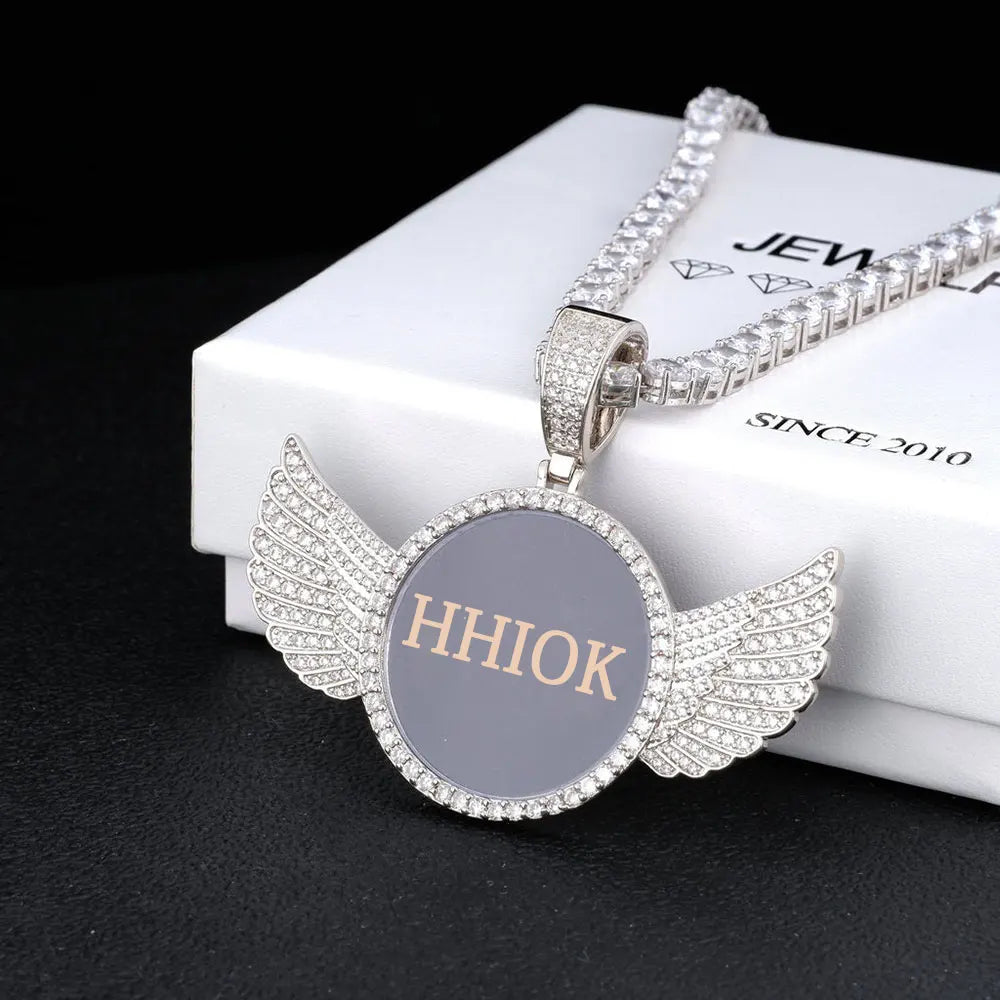 Customized Angel Wing Round Memory  Personalized Picture Pendant Tennis Chain Necklace