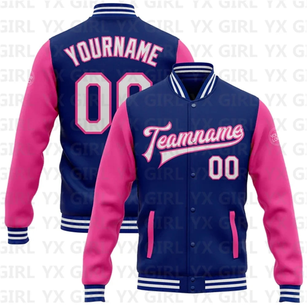 Customized Unisex 3D Letter Print/Team Name Personalized Royal White/Black/Gray Full-Snap Letterman's 2-Tone Baseball Button-Up Varsity Bomber Jacket