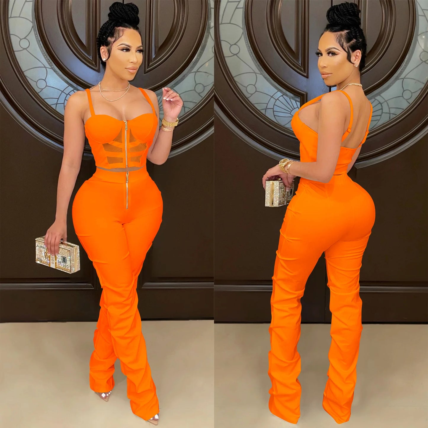 Corset Top Hollow-Out Zipper Front Cropped Tank Top + Stacked Zipper Front Pants Women's 2-Piece Set