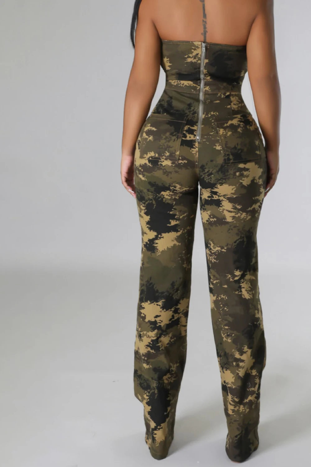 Camoflauge Hollow-Out Strapless Sleeveless Ripped Zipper Back Women's Tube Jumpsuit