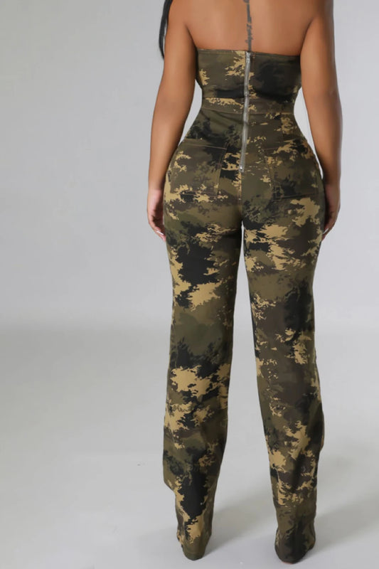 Camoflauge Hollow-Out Strapless Sleeveless Ripped Zipper Back Women's Tube Jumpsuit