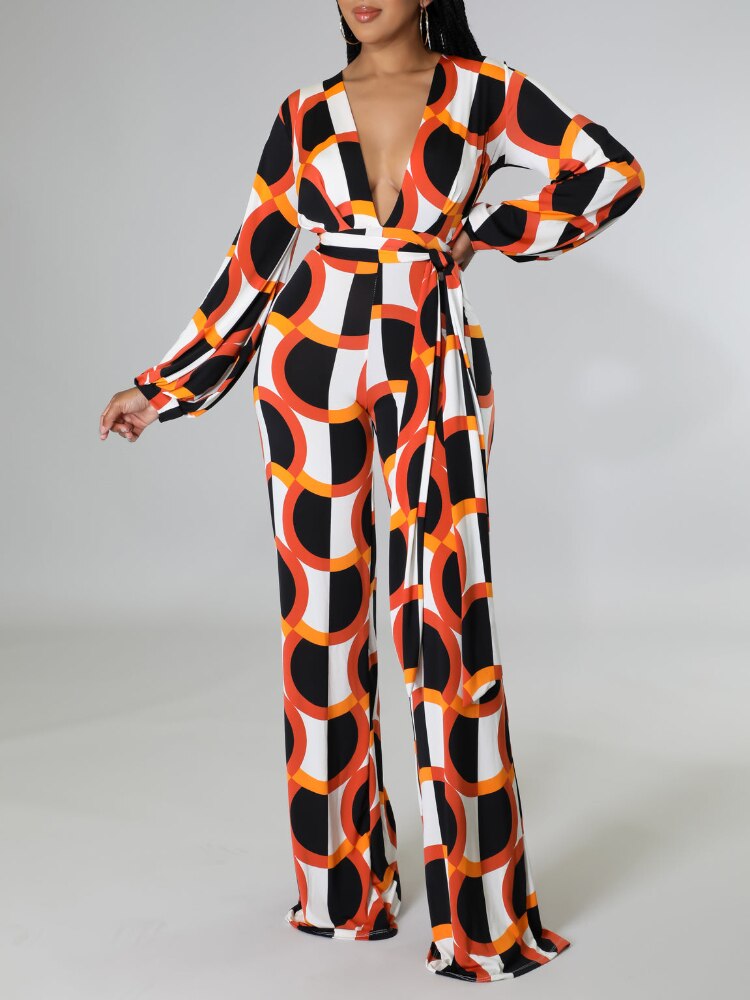 Geometric Print Deep V-Neck Long Sleeve Jumpsuit w/ Sash Belt to 5X Plus Size