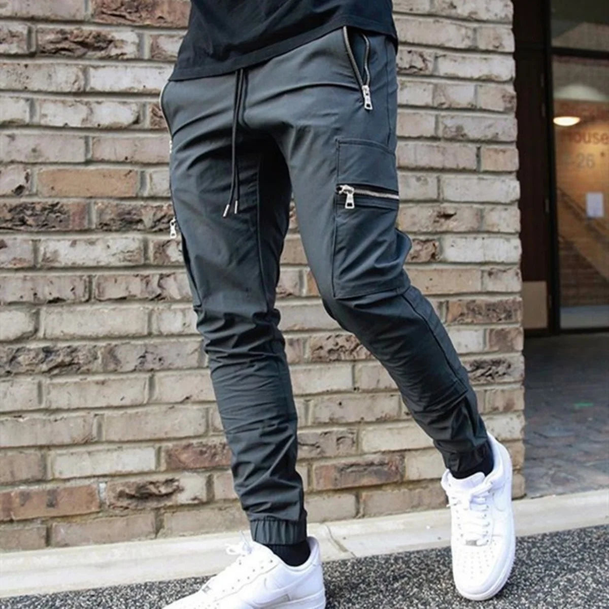Men's Zipper Pocket Design Drawstring Solid Cargo Pants