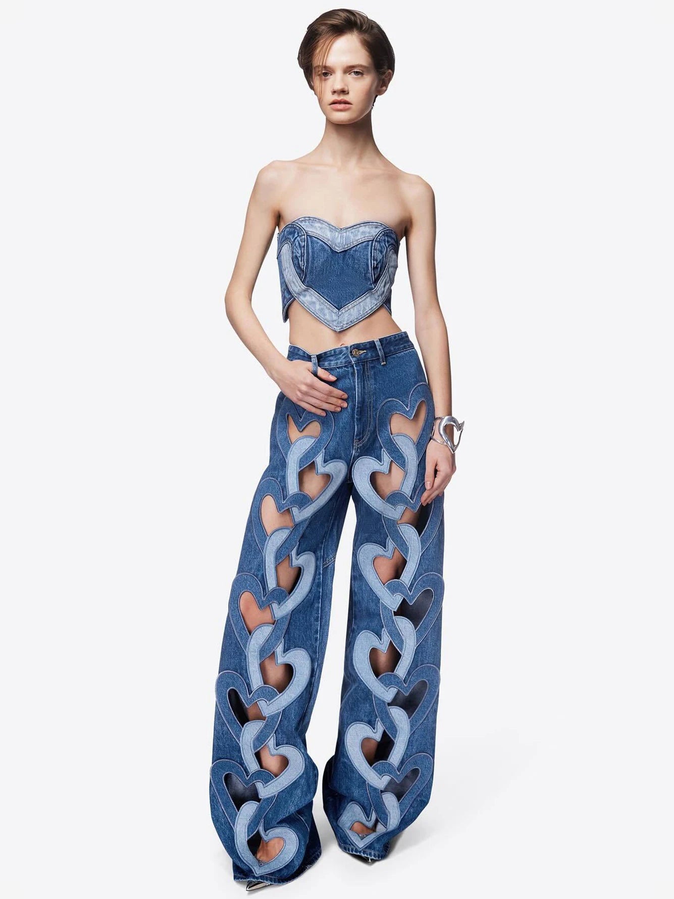 Denim Blue Heart Cut-Out Women's Streetwear Patchwork High Waist Loose Hollow-Out Designer Jeans