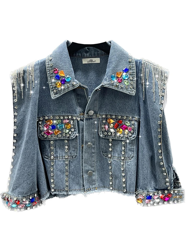 Tassel Embellished Crystal Rhinestone Rivet Diamond Denim Streetwear Jacket