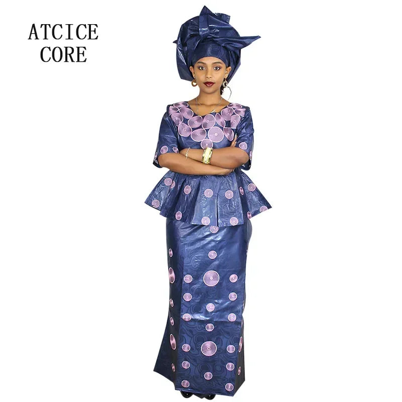 African Bazin Embroidered Design Women's Ruffled 2-Piece Maxi Skirt Suit w/ Head Wrap