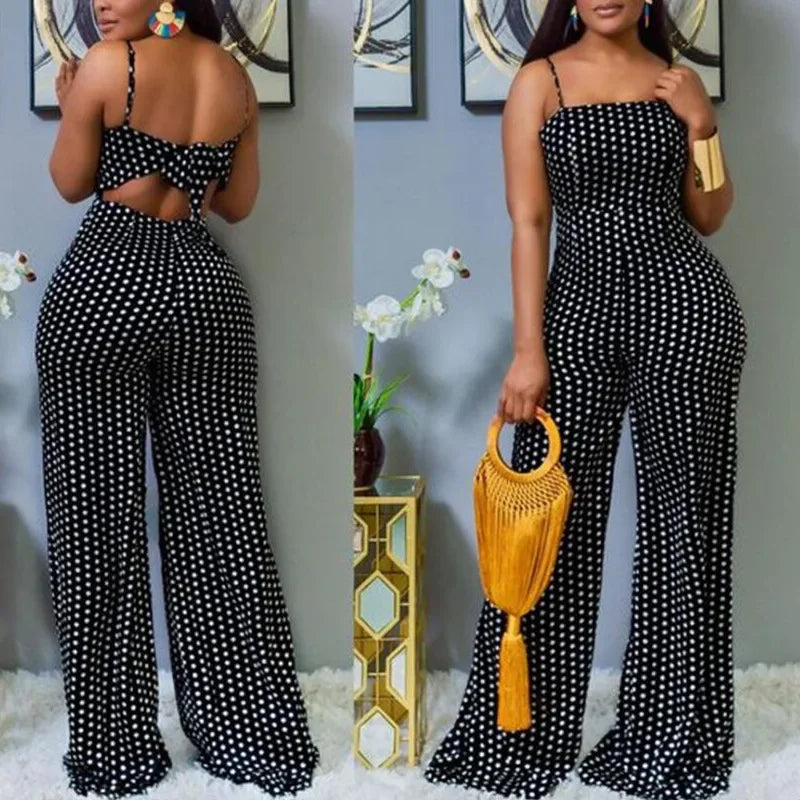 Polka Dot Square Neck Lace-Up Spaghetti Strap Backless Hollow-Out Wide Leg Jumpsuit