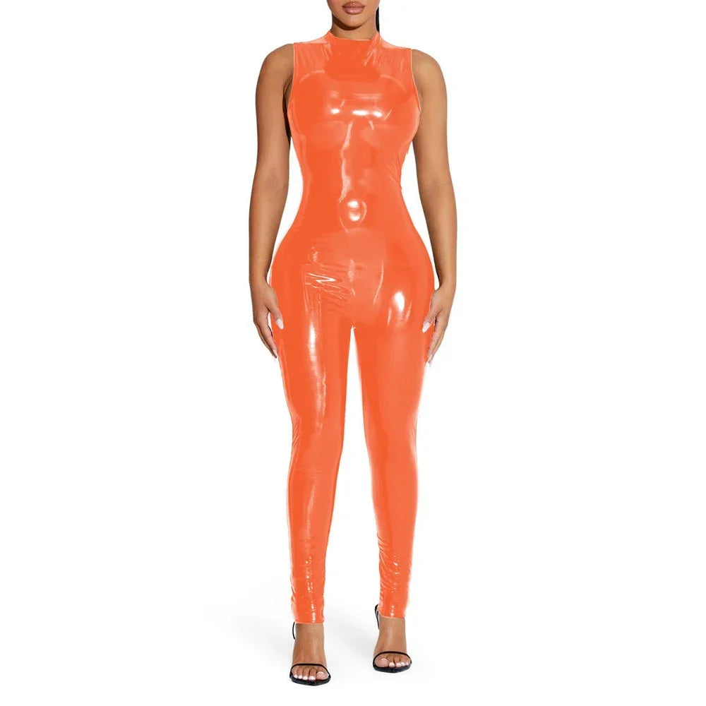 Shiny Solid Color Sleeveless PVC PU Leather Women's Pants Jumpsuit
