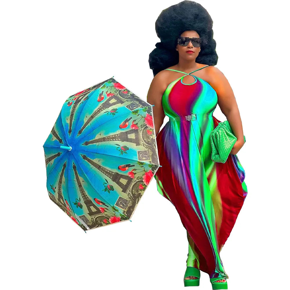 Rainbow Striped Colorblock Ruched Ruffled Sleeveless Print Harem Maxi Dress to 5X Plus Size
