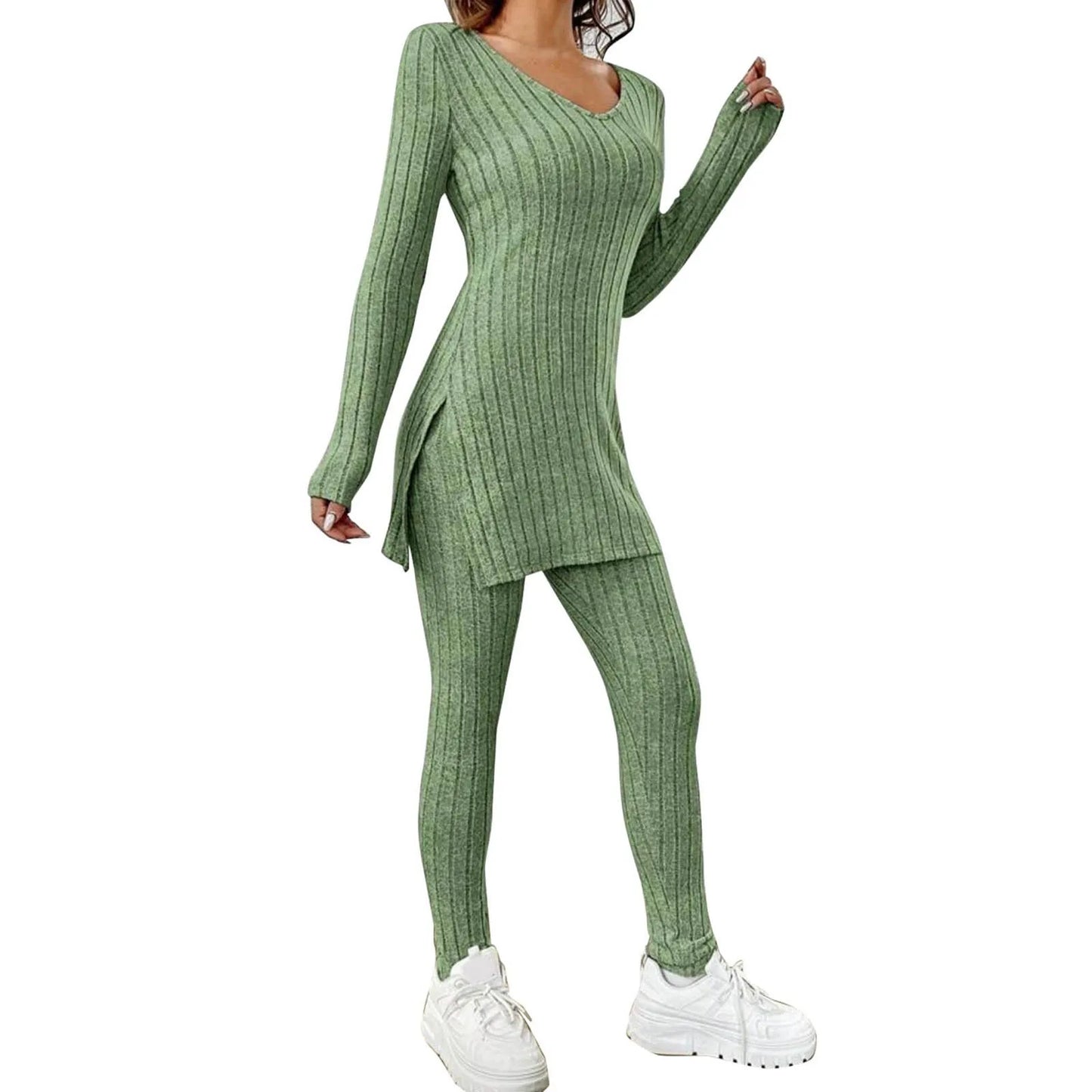 Ribbed Knitted Long Sleeve Women's Tunic Shirt + Leggings 2-Piece Set