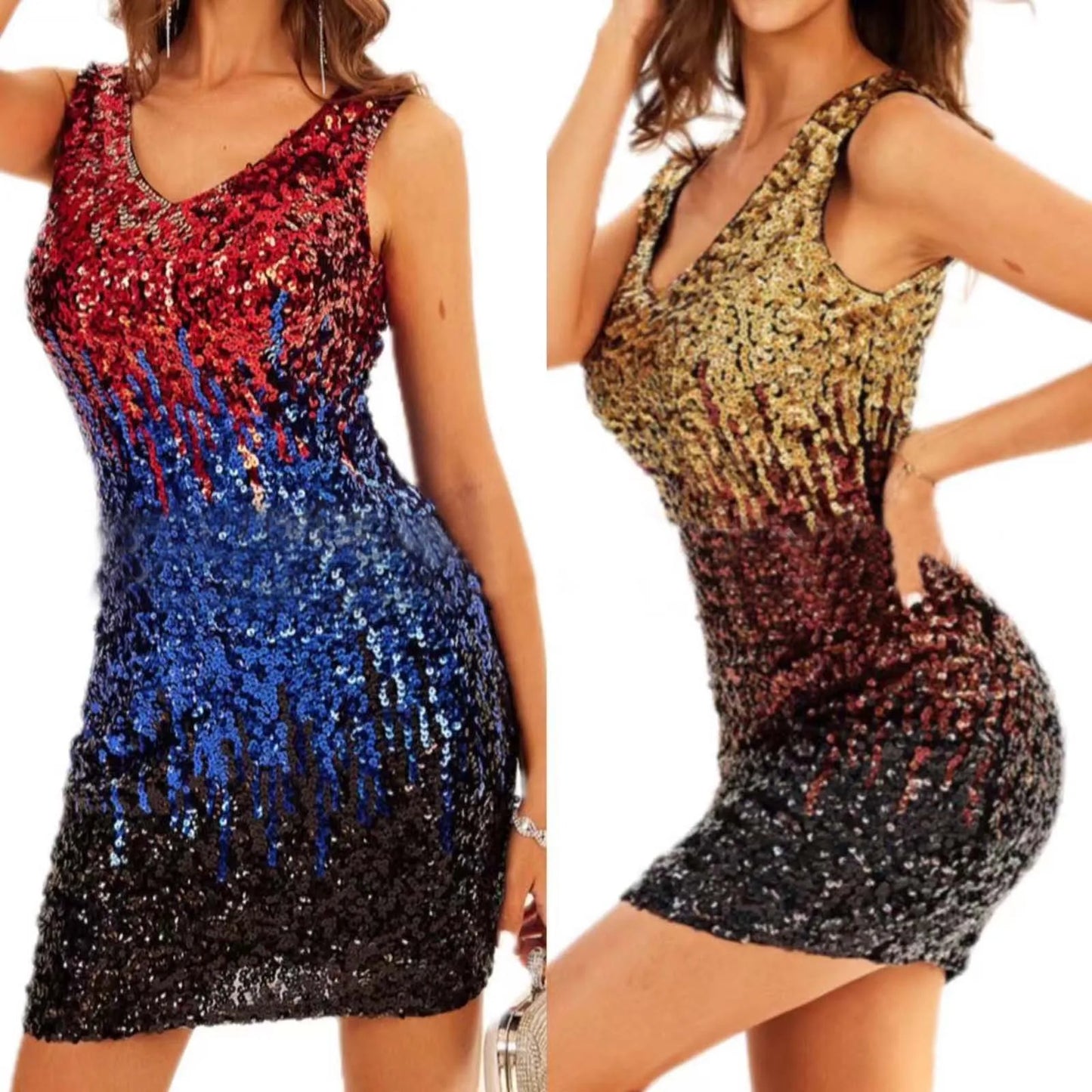 Gradient Glitter Colorblock Sequin Bodycon V-Neck Sleeveless Skinny Tank Dress